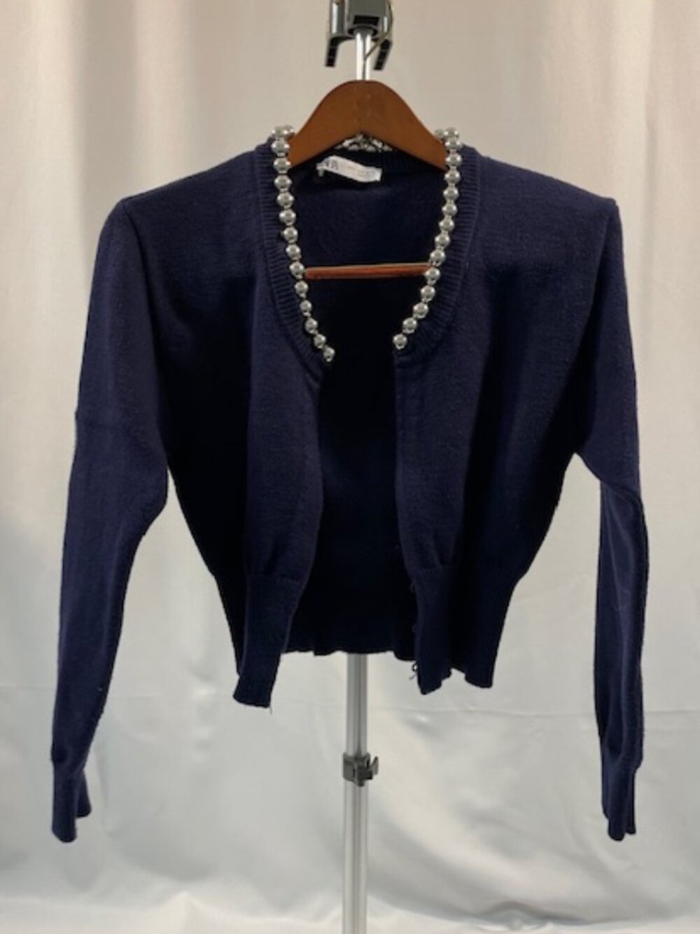Ladies ZARA navy cropped sweater with silver beads at neckline